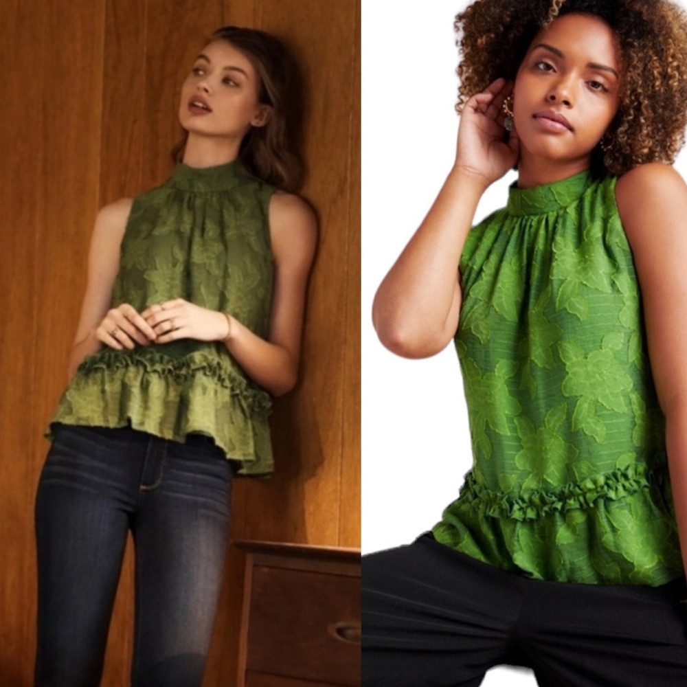 Sleeveless Green Ruffled-Hem Mock Neck Top